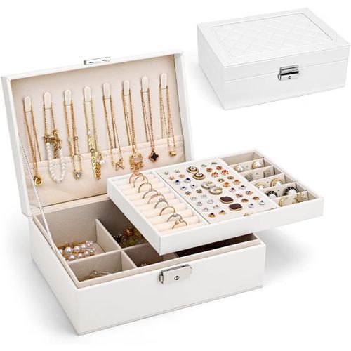 Kyaoayo-Boite A Bijoux, Grande Boîte À Bijoux Avec 2 Étages, Organisateur De Bijoux De Voyage En Cuir Pu, Portable Organisateur De Boîte À Bijoux, Coffret À Bijoux Pour Ranger Bagues, Blanc Perle