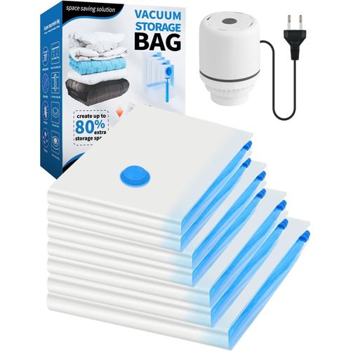 KYAOAYO-Sac Sous Vide Vetement Aspirateur Et Pompe Électrique, 7 Pièces Sac Rangement Sous Vide Aspirateur - 1 Jumbo, 2 Grands, 2 Moyens, 2 Petits Pour Vêtements, Couettes, Voyages