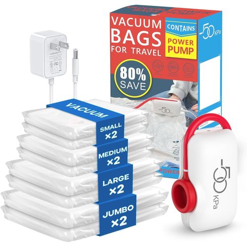 KYAOAYO-Sac Sous Vide Vetement Aspirateur Avec Pompe Électrique, Aspiration De 50 Kpa, Lot De 8 (2 Jumbo, 2 Grands, 2 Moyens, 2 Petits)Sac De Rangement Sous Vide, Convient Gain De Place, Voyage, Démé