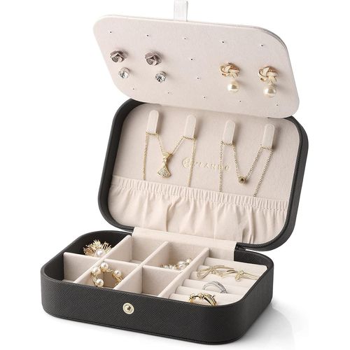 Kyaoayo-Boîtes À Bijoux Femmes Voyage En Cuir Pu Et Velours Pour Bagues Boucles D'oreilles Colliers Bracelets, Organisateur De Bijoux Filles Petit, Idee Cadeau (Noir)