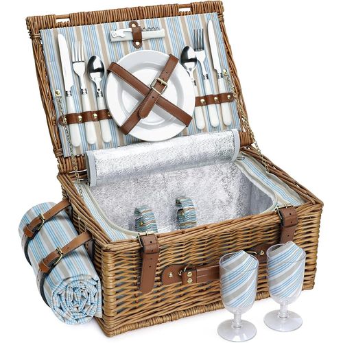Kyaoayo-Ensemble Panier De Pique-Nique Pour 2 Personnes, Panier En Saule Avec Grand Compartiment Isotherme, Couverture Imperméable Et Set De Service Couverts - Marron Classique