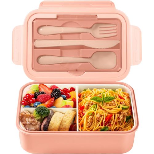 Kyaoayo-Lunch Box, Bento Lunch Box Enfant Adulte Boîte 1400ml Avec 3 Compartiments, Conception Sans Fuite Lunchbox Avec Couverts, Pour Micro-Onde Lave-Vaisselle, École Pique-Nique Travail (Rose)