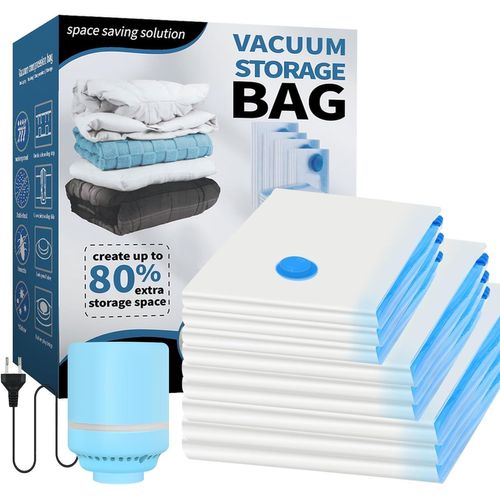 KYAOAYO-Sac Rangement Sous Vide Aspirateur, 10 Pièces (3 Jumbo, 3L, 3S, 1* Pompe) Sac Sous Vide Vetement Aspirateur Avec Pompe Électrique, Sac De Rangement Sous Vide Voyages Pour Vêtements, Couettes