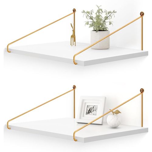 Kyaoayo-Etagere Murale Bois Blanc Or Metal 42x30 Cm Gros Étagère Salle De Bain Chambre Cuisine Moderne Design Domicile Decorer, Lot De 2