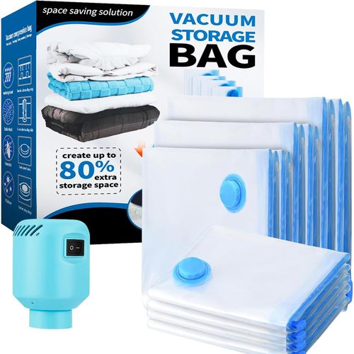 KYAOAYO-Sac Sous Vide Vetement Aspirateur Et Pompe Électrique 10 Pièces, 2 Jumbo, 2 Grands, 2 Moyens, 4 Petits Sac Rangement Sous Vide Aspirateur, Voyages Réutilisables Pour Vêtements,Couettes
