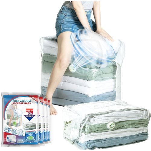 KYAOAYO-Cube Sacs De Rangement Sous Vide, 4 Pack (100×70×44×44 Cm) Jumbo Sac Sous Vide Vetement Aspirateur Pour Couettes, Couvertures, Quilts, Organisateur De Placard Très Grand Sacs À Vid