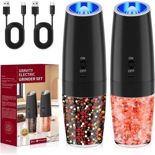 KYAOAYO-Moulin A Poivre Électrique, Moulins À Sel Et À Poivre Électriques Rechargeable Usb, Sensing Salieres Et Poivrieres, Écipient Lavable De 135Ml, Lumière Led Bleu Et Grossièreté Réglable (2Pcs)