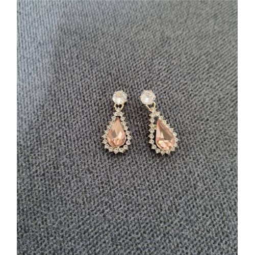 Paire De Boucles D'Oreilles Soiree Rose Et Strass Blanc