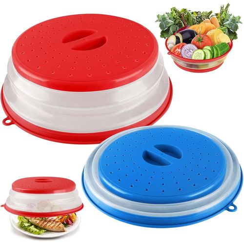 KYAOAYO-Cloche Micro Onde,2Pcs Cloche Micro-Onde Pliable,Onde Passoire Avec Trous De Vapeur Pour Fruits Et Légumes, Couvercle Cloche Anti Vapeur Et Fonction Passoire
