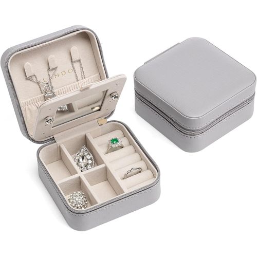 Kyaoayo-Boîte À Bijoux De Voyage Avec Miroir, Rangement À Bijoux Transportable, Organisateur Pour Colliers, Bagues, Boucles D`Oreilles, Avec Crochets (Gris)