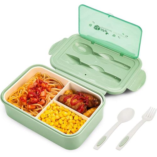 Kyaoayo-Boîte À Déjeuner En Plastique Pour Enfant Adulte Avec Trois Compartiments Et Des Couverts(Fourchette Et Cuillère), Sans Bpa, Pour Micro-Ondes Et Lave-Vaisselle - Vert