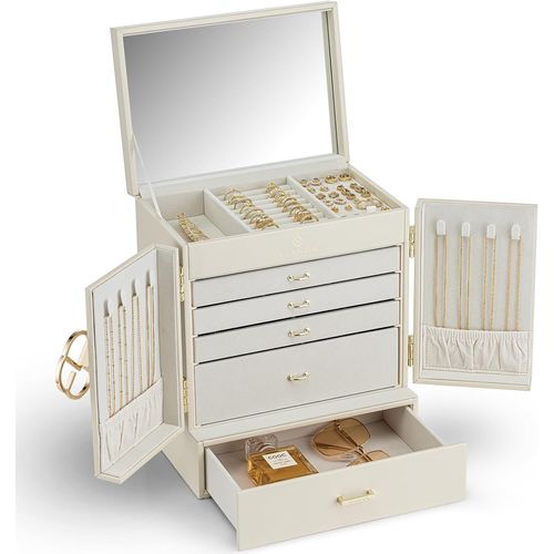 Kyaoayo-Grande Boîte À Bijoux França À 6 Niveaux - Organ Ur De Bijoux - Grande Taille Xxl - Avec Miroir, Tiroirs, Rangement De Bijoux Pour Femme - Pour Boucles D'oreilles, Colliers, Montres (Beige