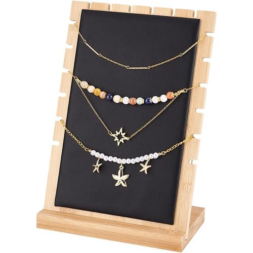 Kyaoayo-Support De Collier En Bois, 9 Fentes Présentoir À Bijoux Tableaux D'affichage De Table Organisateur De Chaîne En Bois Présentoir À Colliers Avec Noir Cuir Pour Collier Bijoux, 9.5x17x25cm