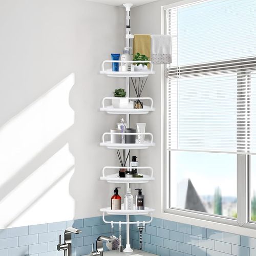 Kyaoayo-Blanc Etagere Salle De Bain, Étagère Salle De Bain Télescopique, Étagère De Douche Réglable En Hauteur 100-310 Cm, Acier Inoxydable Sans Perçage, 5 Plateaux, 4 Crochets, 1 Porte-Serviettes