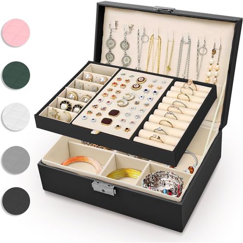 Kyaoayo-Boîte À Bijoux Pour Femme, 2 Couches Grand Boite A Bijoux Fille Boîte À Bijoux De Voyage Étui À Boîte À Bijoux En Cuir Pu Pour Bagues, Bracelets, Boucles D'oreilles, Colliers,Noir
