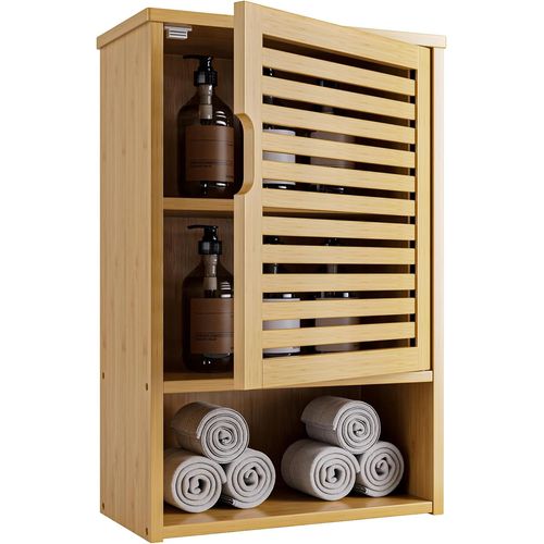 Kyaoayo-Armoire Murale De Salle De Bain, Armoire À Pharmacie En Bambou Avec Porte Simple Et Étagère Réglable, Rangement Suspendu Au-Dessus Des Toilettes Pour La Salle De Bain, Le Salon, Naturel