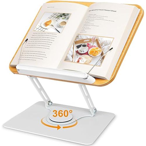 Kyaoayo-Support Livre \ Porte Livre Bois Rotatif À 360° Avec Base En Alliage D'aluminium Et Bras Réglable, Repose Livre Pupitre De Lecture Pour Livres Épais Et Porte Livre De Cuisine