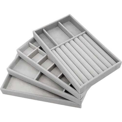 Kyaoayo-Lot De 4 Plateaux À Bijoux Empilables, Organ Urs De Bijoux - Rangement De Bijoux - Tiroir Pour Ranger Et Présenter Des Boucles D'oreilles, Colliers, Bagues (Gris)