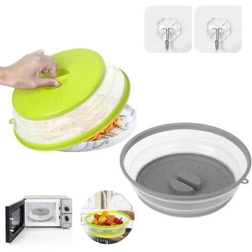 KYAOAYO-2 En 1 Cloche Micro Onde - 2 Pièces Passoire Pliable Plastique De Cuisine Avec Crochets - Couvercle Micro Ondes Avec Trous De Vapeur Pour Fruits Et Légume (Vert + Gris)