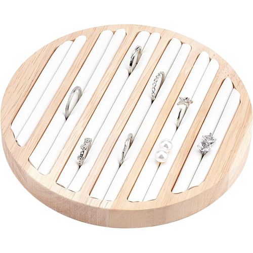 Kyaoayo-Plateau Présentoir Bijoux En Bois, 6 Fentes Anneau Bague Boucle D'oreille Affichage Support Stockage En Cuir Blanc Insérer Organisateur Bijoux Affichage Vente Au Détail, 14.95x1.7 Cm