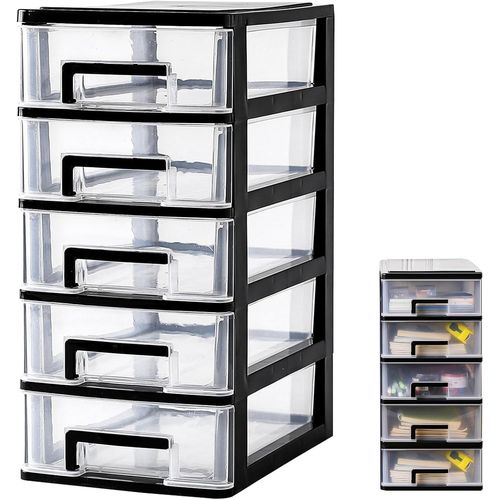 Kyaoayo-Tour De Rangement Plastique Avec 5 Tiroirs, Meuble Tiroir De Rangement Bureau Plastique, Boite Rangement Plastique Tiroir De Bureau, Noir Casier De Rangement Bureau Tiroirs Plastique (Sombre)