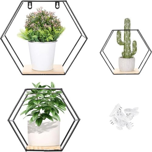 Kyaoayo-Lot De 3 Petite Etagere Murale Hexagonale, Etagere Rangement, Cadre Decoration, Equerre Metallique, Industrielle