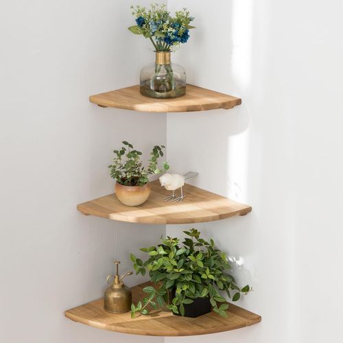 Kyaoayo-Tagère D`Angle Flottante En Chêne Rustique Avec Extrémité Arrondie Pour Haut-Parleurs, Livres, Décorations Étagère D`Angle En Bois, Chêne (Chêne Naturel, 22/25/30cm(Set Of 3))
