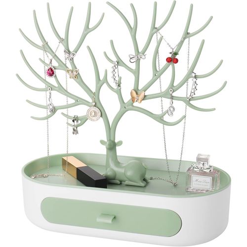 Kyaoayo-Arbre Porte Bijoux Avec Tiroirs, Support Arbre Bijoux En Plastique, Présentoir À Bijoux Pour Boucles D'oreilles, Colliers, Bracelets, Montres Et Bagues (Vert + Blanc)
