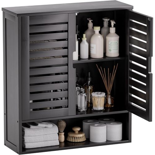 Kyaoayo-Armoire De Salle De Bain Murale, Organisateur De Rangement En Bambou Au-Dessus De La Cuvette, Armoire À Pharmacie Gain De Place Avec 2 Portes Et Étagères Réglables (Noir)