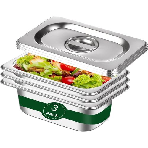 Kyaoayo-Ensemble De 3 Plats Four Inox Avec Couvercle, Bacs Gastro Inox Gn 1/3 Empilables, Idéal Pour Viande, Marinade Et Rangement - 32.5 X 17.5 X 6.5 Cm