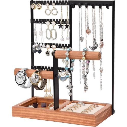 Kyaoayo-Présentoir À Bijoux Noir - Porte-Bijoux - Arbre À Bijoux - Avec Base De Rangement Pour Bagues Et Boucles D'oreilles - Pour Boucles D'oreilles, Bracelets, Montres