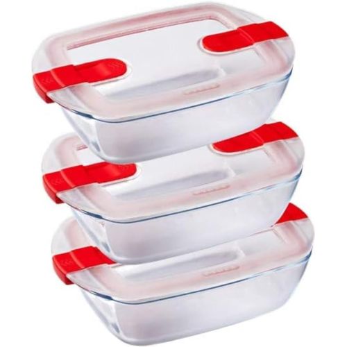 Kyaoayo-Cook & Heat - Lot De 3 Boites Rectangulaires Identiques - 1,1l - Verre Borosilicate - Lunchbox - Couvercle Hérmétique Spécial Micro-Onde - Made In France