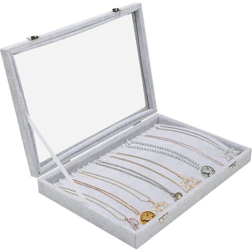 Kyaoayo-Boite A Collier En Velours Gris Avec 20 Encoches Et Couvercle En Verre À Loquet - Plateau Bijoux Empilable Pour Tiroir - Pour Collier, Bracelets, Boucles Doreilles Et Chaînes De Cheville