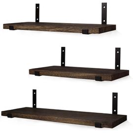 Kyaoayo-Lot De 3 Étagères Murales Flottantes En Bois Équerres En Métal Décoration Et Rangement Cuisine, Salon, Chambre Fixation Au Mur Finition Flambée Design Industriel Marron Foncé