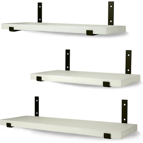 Kyaoayo-Lot De 3 Étagères Murales Flottantes En Bois Équerres En Métal Décoration Et Rangement Cuisine, Salon, Chambre Fixation Au Mur Design Industriel Peinture Blanche