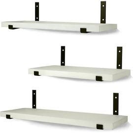 Kyaoayo-Lot De 3 Étagères Murales Flottantes En Bois Équerres En Métal Décoration Et Rangement Cuisine, Salon, Chambre Fixation Au Mur Design Industriel Peinture Blanche