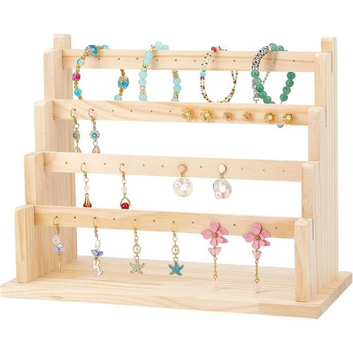 Kyaoayo-Porte De Boucles D'oreilles En Bois Présentoir À Bijoux 4 Niveaux Présentoir À Clous D'oreille 48 Trou Organisateur De Bracelet Porte-Bijoux Suspendu Pour Femme Bijoux Été Vente Au Détail