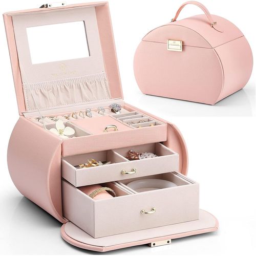 Kyaoayo-Boîte À Bijoux, Coffret À Bijoux Avec 3 Niveaux, Rangement Pour Colliers, Bagues, Montres, Avec Miroir Et Poignée, Carte De Voeux, Cadeaux Pour Les Filles Et Les Femmes (Rosa)