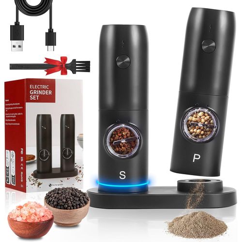 KYAOAYO-Moulin A Poivre Electrique, Salieres Et Poivrieres Electrique Rechargeable Par Usb Avec Double Base De Chargement, Poivrier Electrique Avec Lumière Led Blanche, Et Grossièreté Réglable