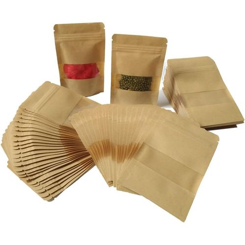 KYAOAYO-100Pcs 9 * 14Cm Pochette Sac Sachets Zip En Papier Kraft À Fenêtre Mini Paquet Biodégradable Enveloppe Pour Semences Bonbons Graines Cadeau Bijoux (9 * 14Cm 100Pcs Marron)