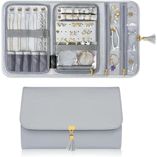 Kyaoayo-Boite A Bijoux Voyage,Rangement Bijoux Voyage,Pochette Bijoux Voyage,Pochette Rouleaux À Bijoux,Boite A Bijoux,Pour Bagues Boucles D'oreilles Colliers Montres Bracelets Broches(Gris)