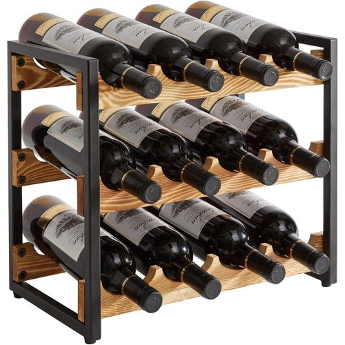 Kyaoayo-Etagère À Bouteille En Bois,Casier À Vin Empilable Rangement À Vin À 3 Niveaux Pour 12 Bouteilles,Pour Bars, Sous-Sols,Cave À Vin,Cuisine,Noir Vintage,Tmj904h