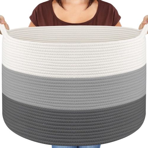 Kyaoayo-Panier De Rangement Pour Salon, Panier À Linge Tressé En Corde De Coton, Panier À Jouets Avec Poignées, Panier Pour Doudous, Linge, Couvertures, Coussins, Vêtements, 50 X 33 Cm, Blanc Gris