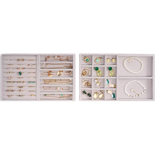 Kyaoayo-2 Plateaux Bijoux, Rangement Bijoux Tiroir, Présentoir Separateur Bijoux, Sans Perdre Ou Abîmer, Avec 1 Compartiment Bague Et 20 Compartiments Ensemble- Gris