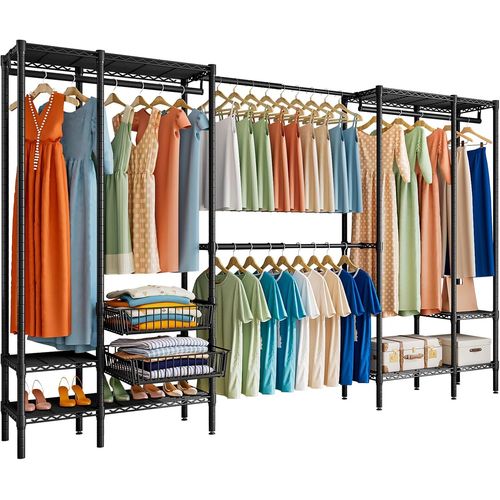 Kyaoayo-Portant À Vêtements Extensible Avec Panier Coulissant, Porte-Manteau En Métal Réglable Avec Étagères À Chaussures, Charge 500kg, 248-293x40x195 Cm (Noir)