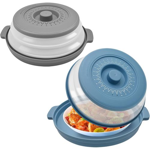KYAOAYO-2 Pièces Couvercle Pour Micro Onde Avec Plateau, 2 En 1 Pliable Cloche Micro Onde Alimentaire Prévention Eclaboussures, Passoire Cuisine Pour Fruits Et Légume, Gris & Bleu