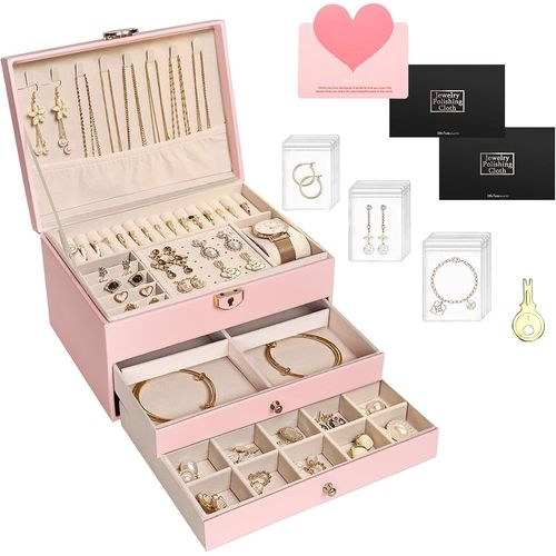 Kyaoayo-Boite À Bijoux,Coffre À Bijoux,3 Niveaux Rangement Bijoux Verrouillable Avec Clef,Petit Coffret À Bijoux Voyage Organisateur De Bijoux,Pour Bagues, Boucles,Colliers,Bracelets
