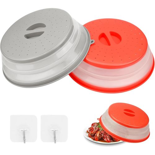 KYAOAYO-Cloche Micro Onde, 2 Pièces Couvercle Micro Ondes Avec 2 Crochets, Passoire Avec Trous De Vapeur Pour Fruits Et Légumes, Sans Bap Et Non Toxique (Gris + Rouge)