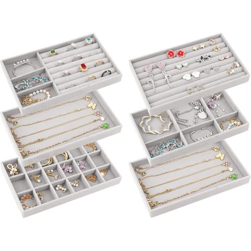 Kyaoayo-Organisateur Bijoux Tiroir, Lot De 6 Plateau À Bijoux Empilable, Plateau Bijoux Velours, Rangement Bijoux Tiroi Pour Bagues Et Boucles, Des Colliers