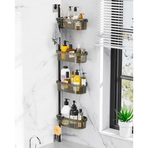 KYAOAYO-Étagère De Douche - Étagère Telescopique Douche Sans Perçage, Étagère D'Angle Douche Réglable En Hauteur Avec 4 Paniers Et 4 Crochets Étagère Salle De Bain Télescopique Pour Baignoire Et Sall